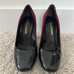 Pour La Victoire Fonda Black Patent Leather & Burgundy Suede Block Heels Size 8
